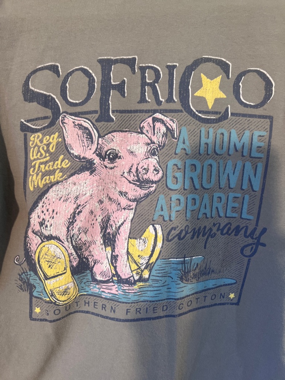 Southern Fried Cotton Pink Pig Graphic Tee with Yellow Boots and Blue Text